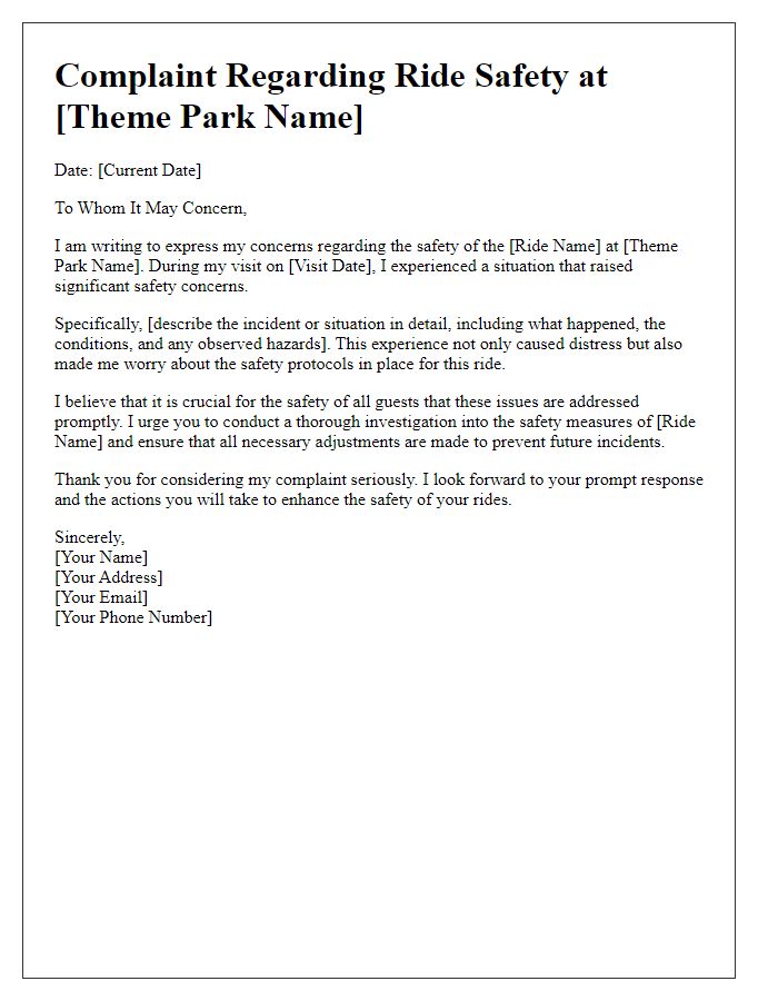 Letter template of theme park ride safety complaint