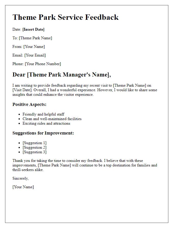 Letter template of theme park service feedback