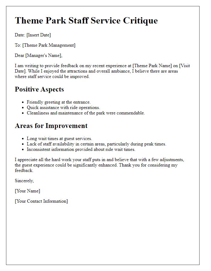 Letter template of theme park staff service critique