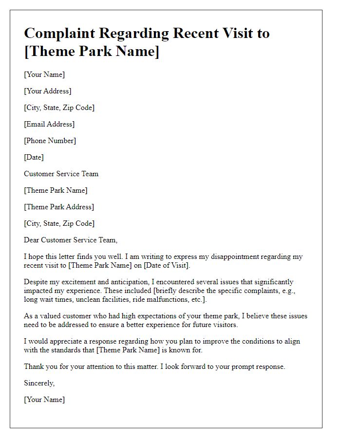 Letter template of theme park visitor complaint