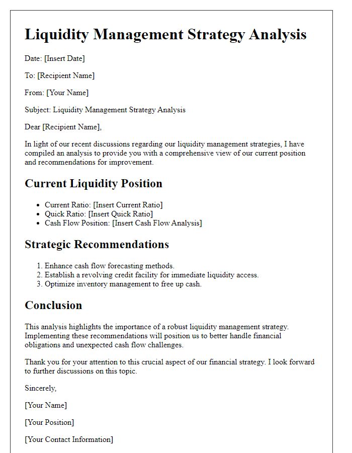 Letter template of liquidity management strategy analysis.