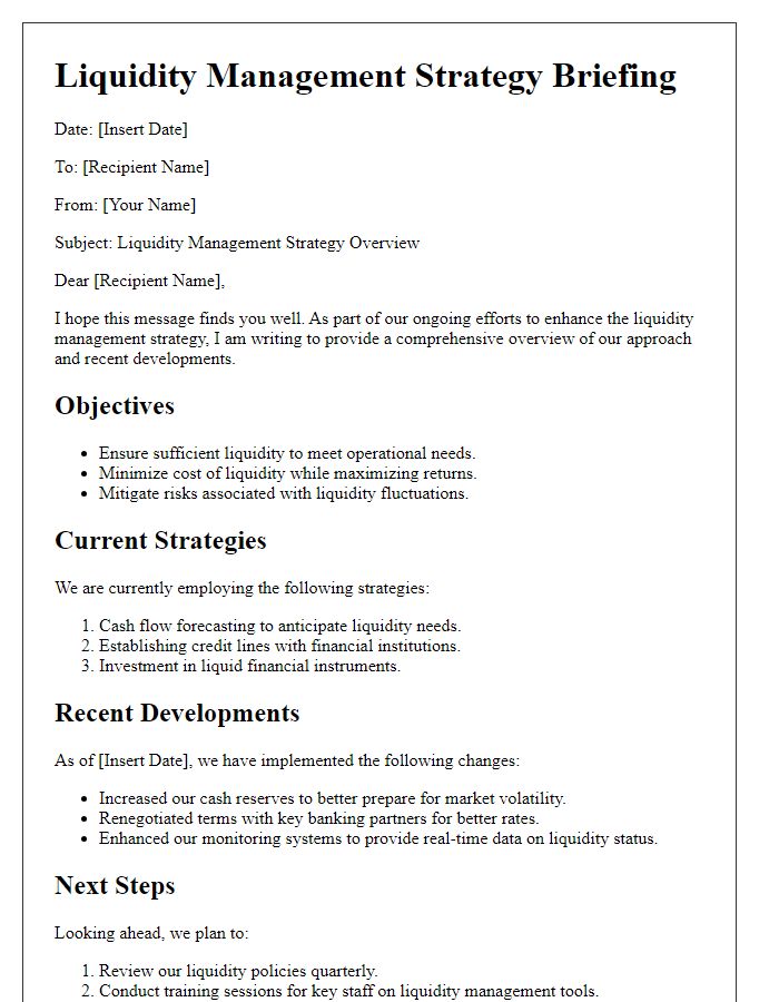 Letter template of liquidity management strategy briefing.