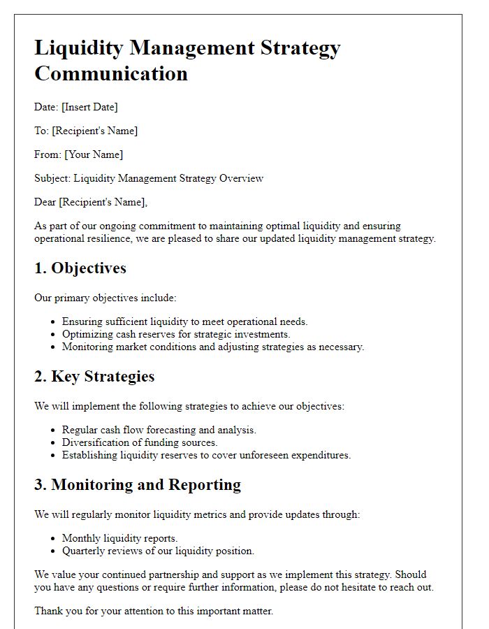 Letter template of liquidity management strategy communication.