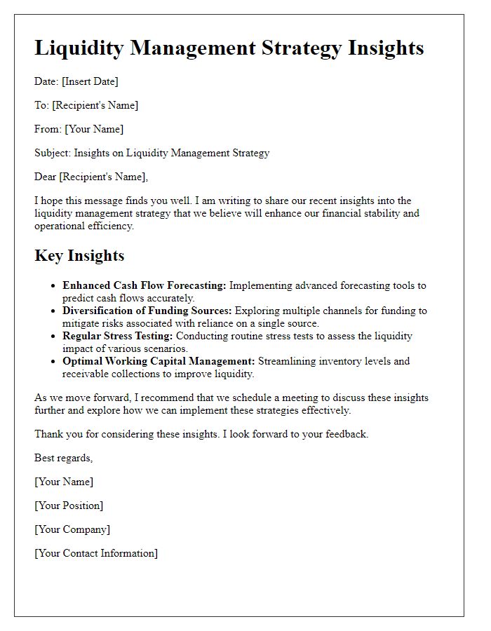 Letter template of liquidity management strategy insights.