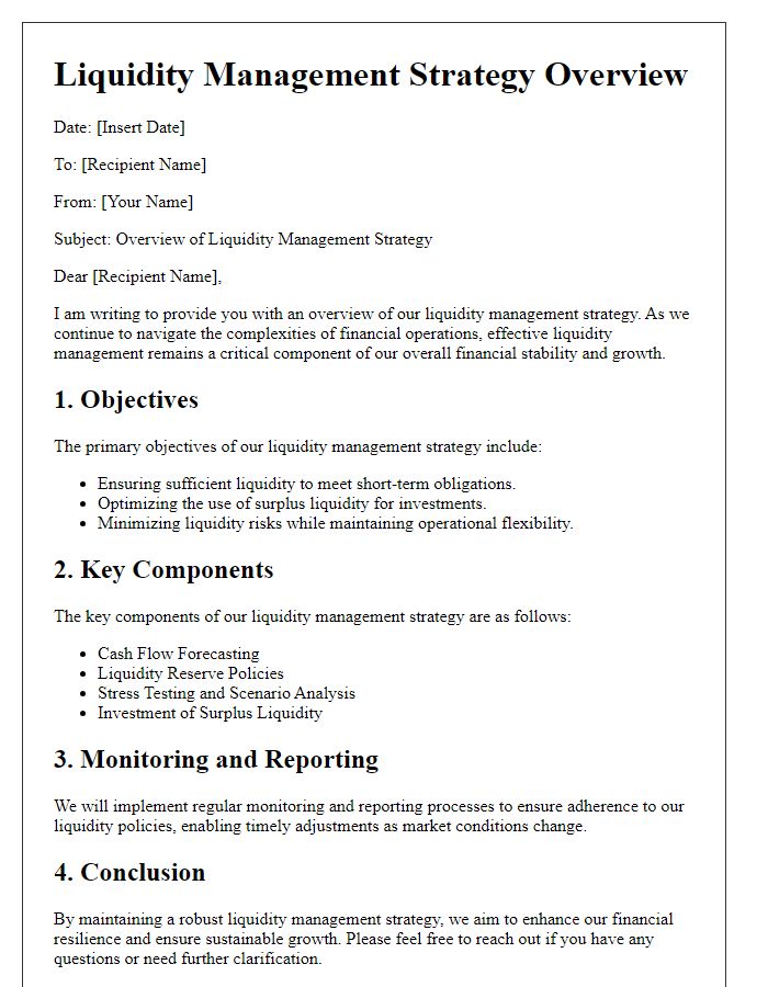 Letter template of liquidity management strategy overview.