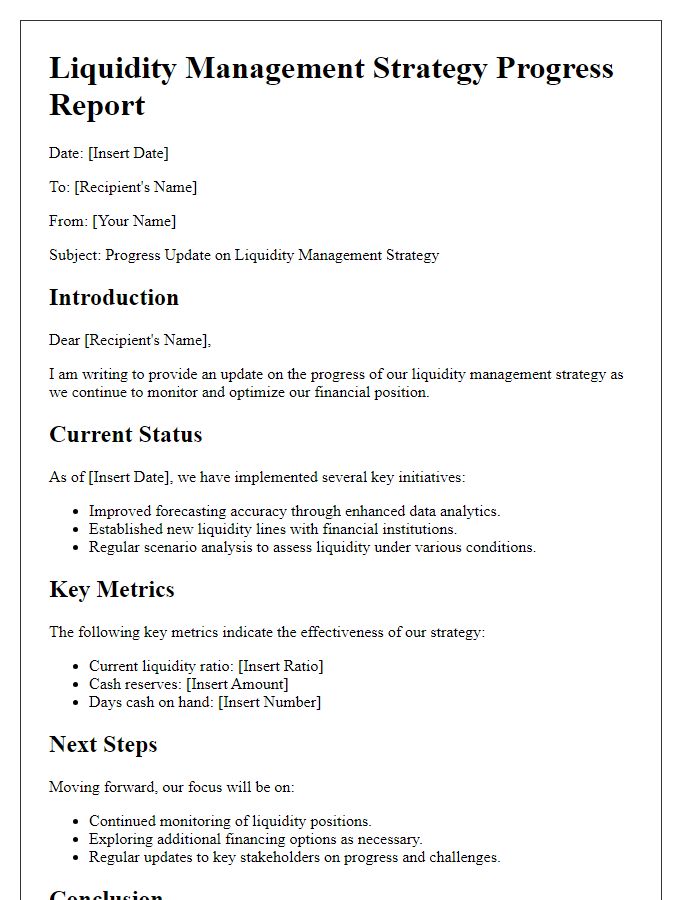 Letter template of liquidity management strategy progress.