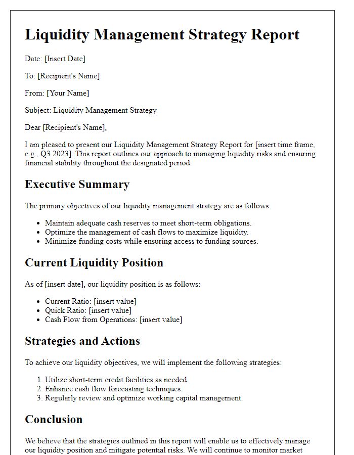 Letter template of liquidity management strategy report.