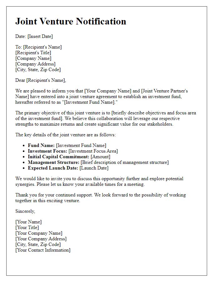 Letter template of investment fund joint venture notification