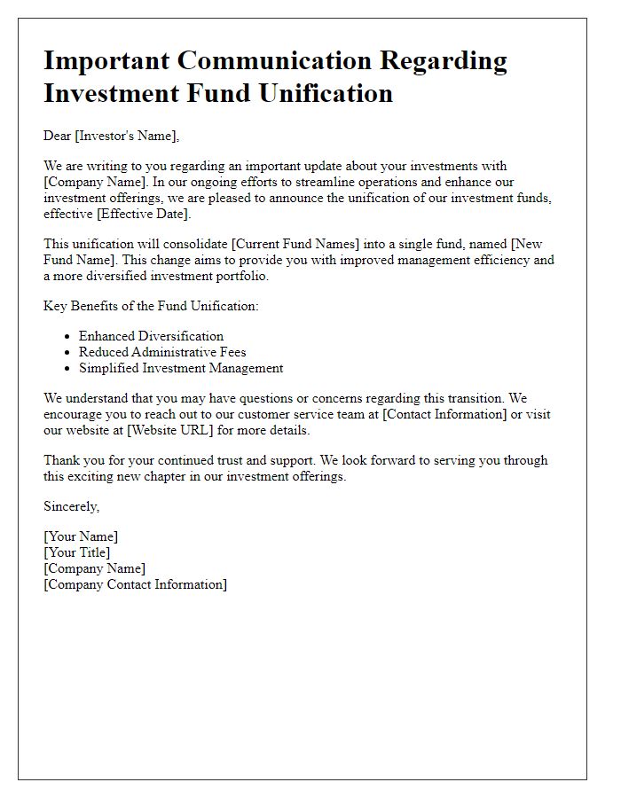 Letter template of investment fund unification communication