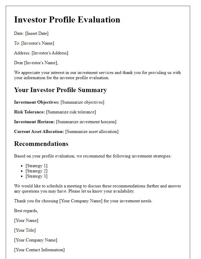 Letter template of investor profile evaluation.