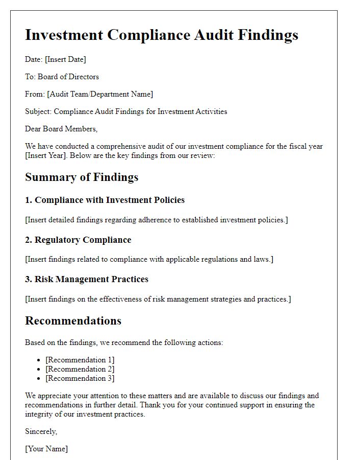 Letter template of investment compliance audit findings for board of directors.