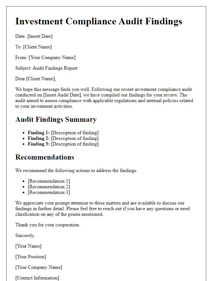 Letter template of investment compliance audit findings for client communication.