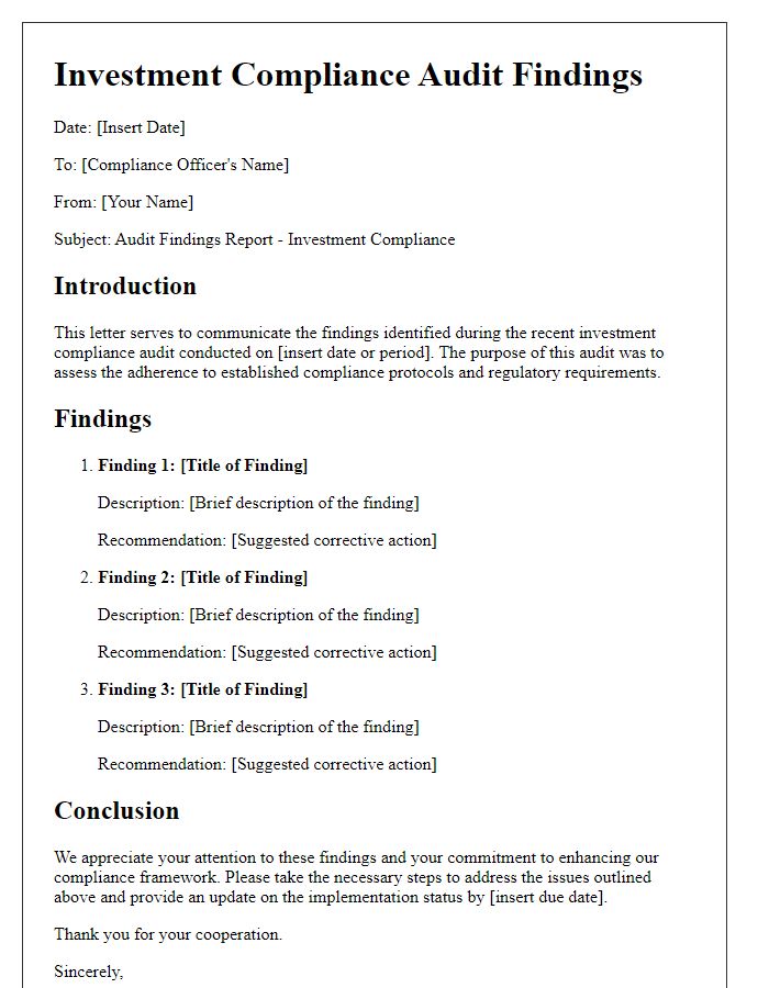 Letter template of investment compliance audit findings for compliance officers.