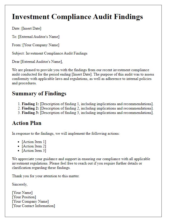 Letter template of investment compliance audit findings for external auditors.