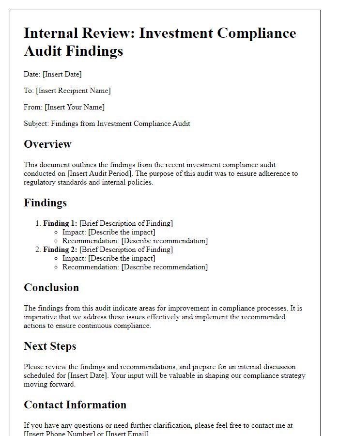 Letter template of investment compliance audit findings for internal review.