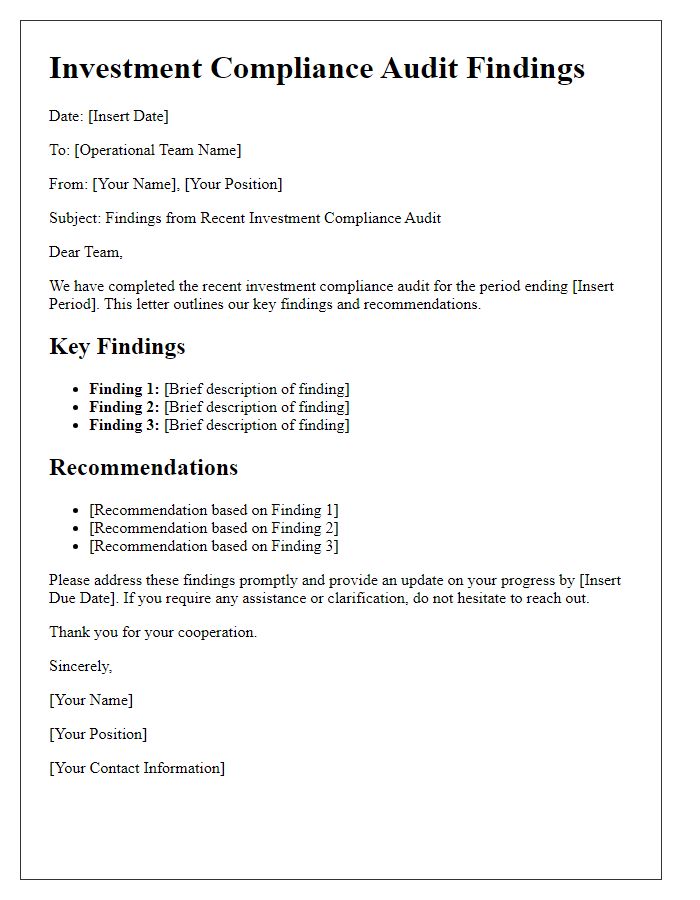 Letter template of investment compliance audit findings for operational teams.