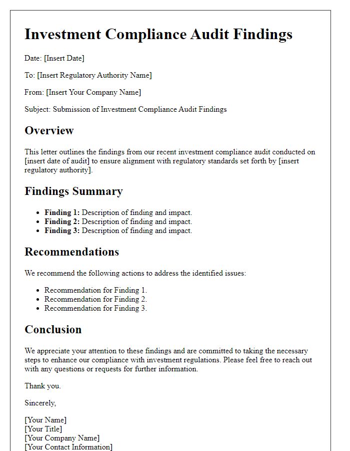 Letter template of investment compliance audit findings for regulatory submission.