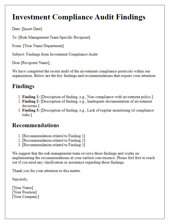 Letter template of investment compliance audit findings for risk management teams.