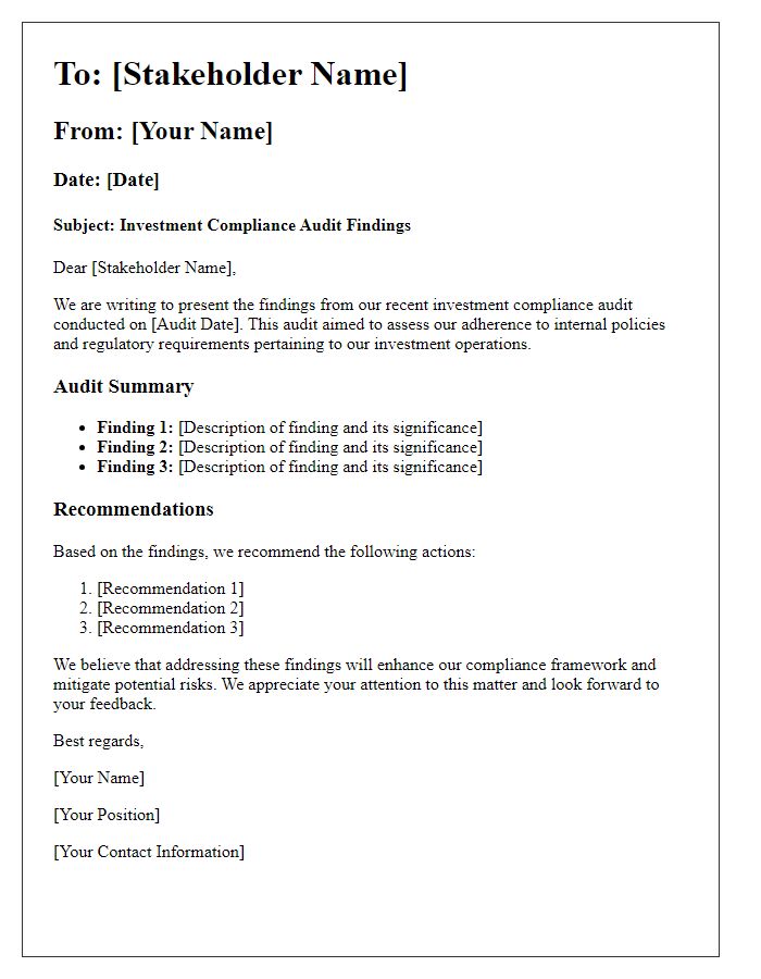 Letter template of investment compliance audit findings for stakeholders.