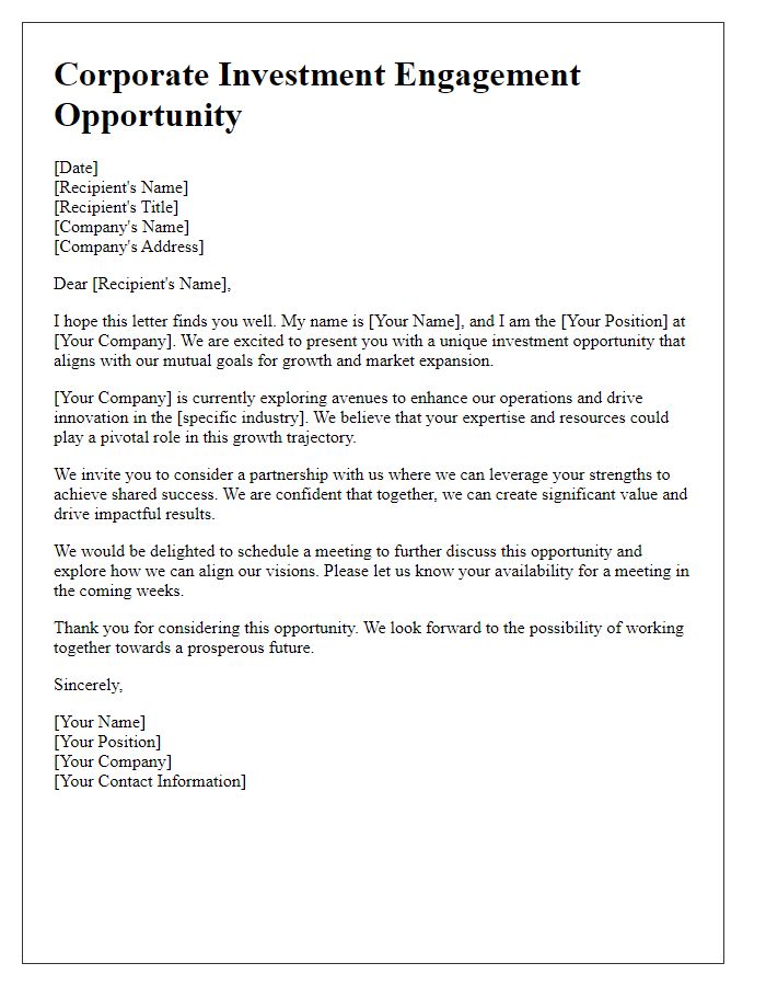 Letter template of corporate investment engagement opportunity letter