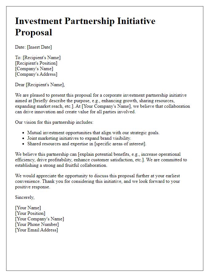 Letter template of corporate investment partnership initiative proposal