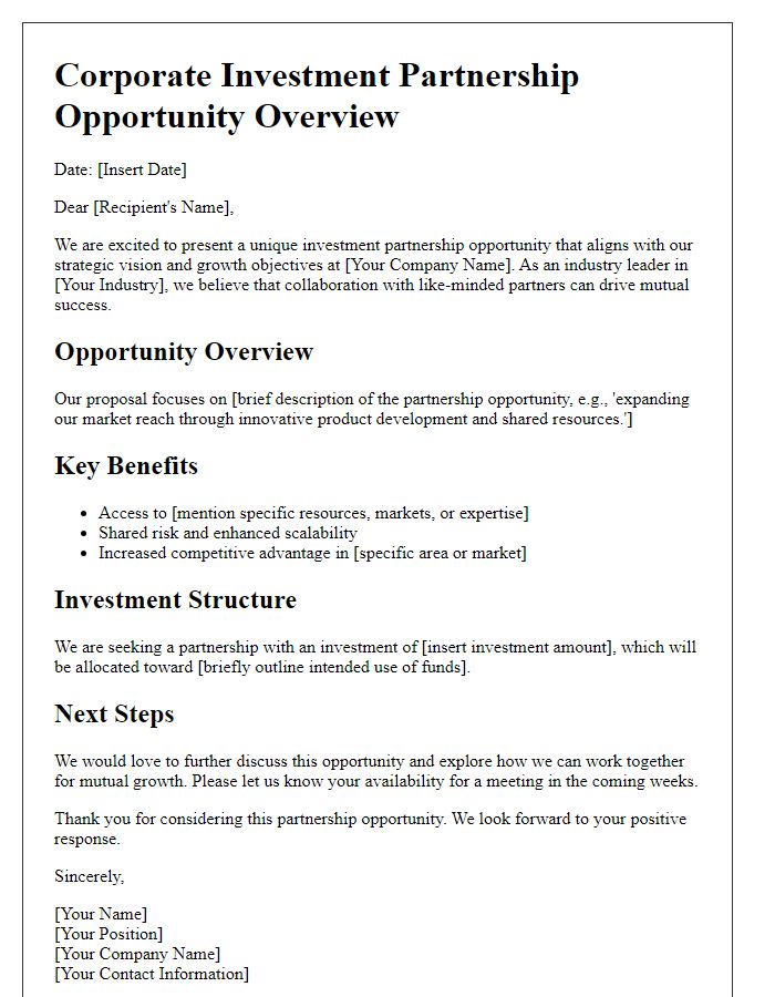 Letter template of corporate investment partnership opportunity overview