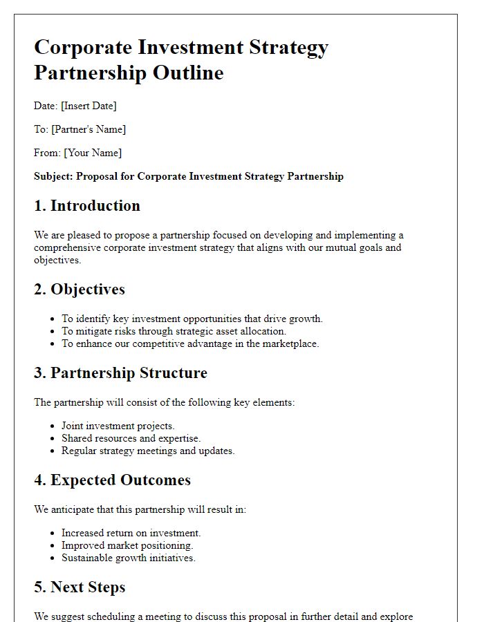 Letter template of corporate investment strategy partnership outline