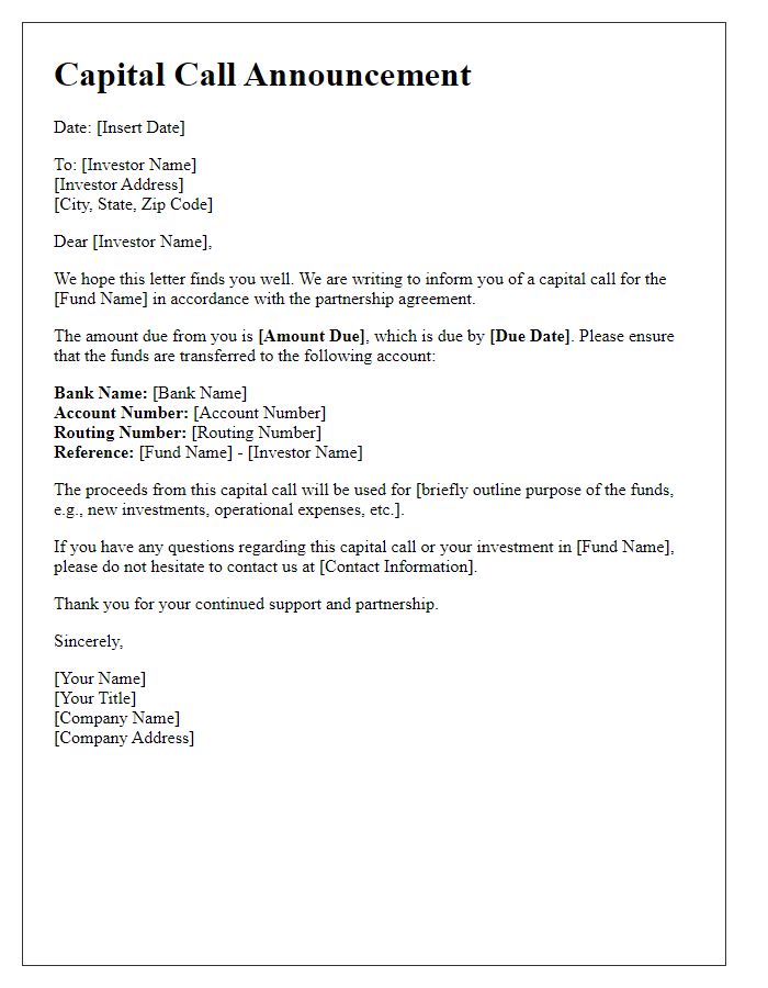 Letter template of capital call announcement for private equity