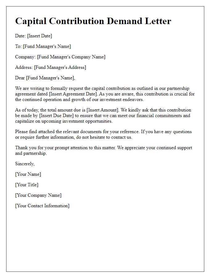 Letter template of capital contribution demand for fund managers