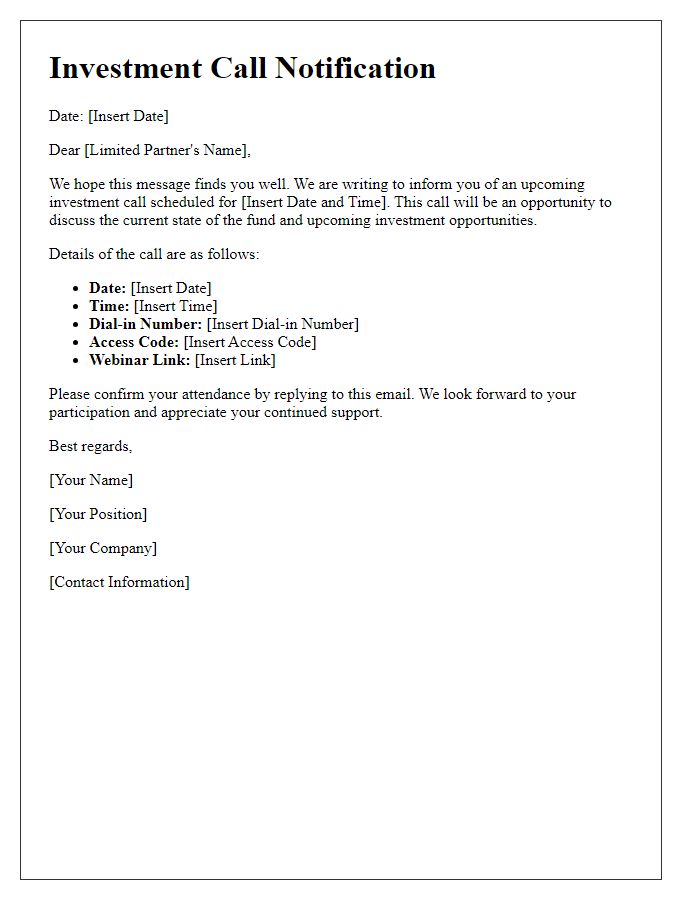 Letter template of investment call notification for limited partners