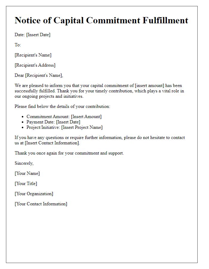 Letter template of notice for capital commitment fulfillment