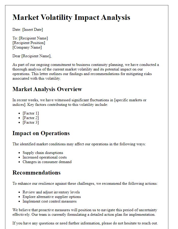 Letter template of market volatility impact analysis for business continuity planners