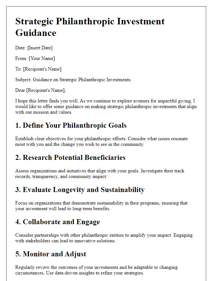 Letter template of strategic philanthropic investment guidance