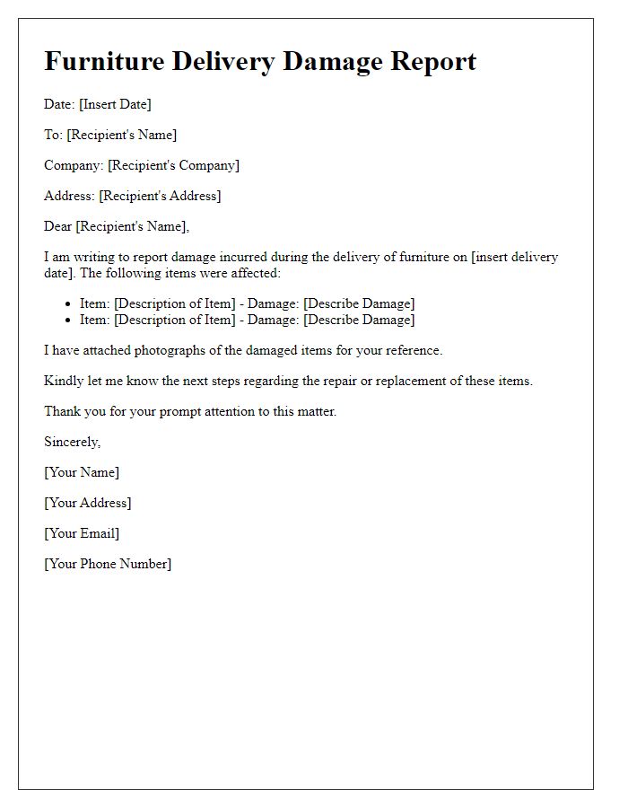 Letter template of furniture delivery damage report