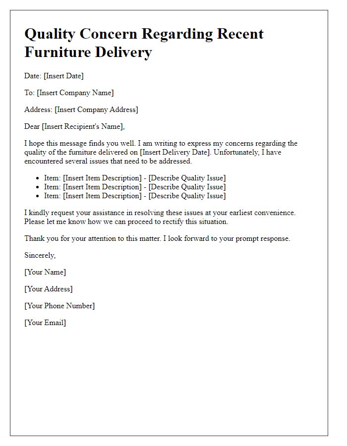 Letter template of furniture delivery quality concern