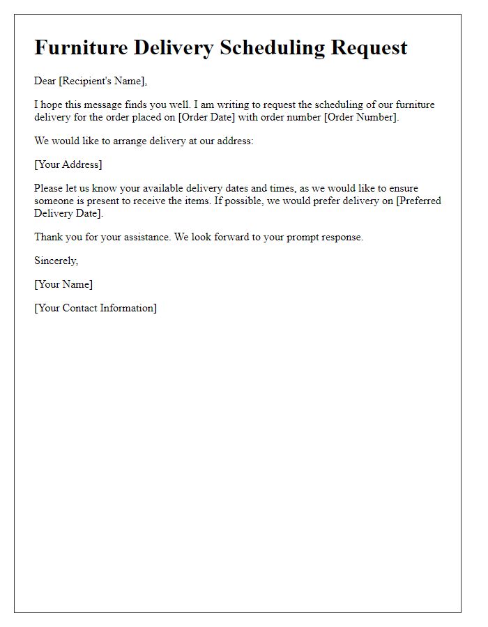 Letter template of furniture delivery scheduling request