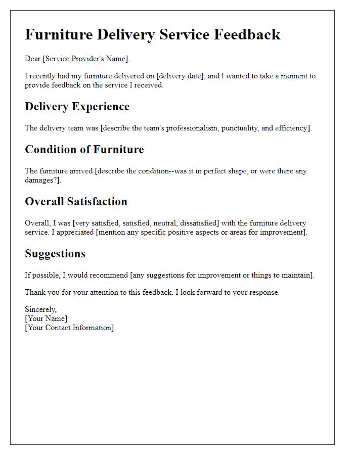 Letter template of furniture delivery service feedback