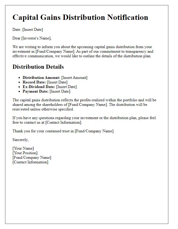 Letter template of capital gains distribution plan