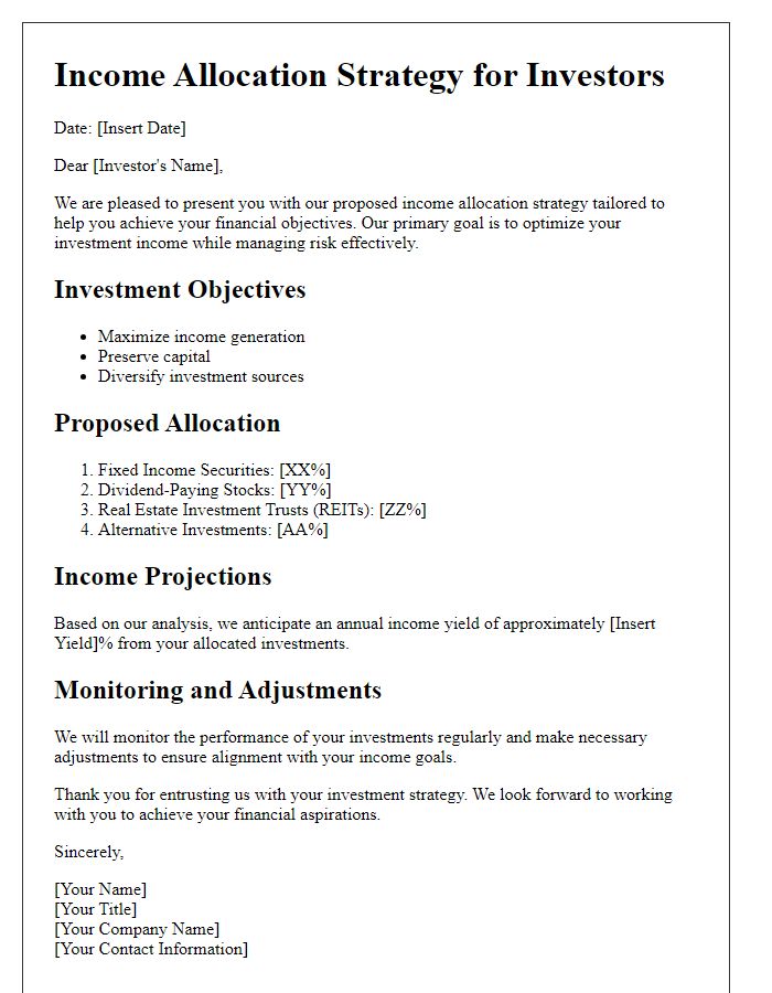 Letter template of income allocation strategy for investors