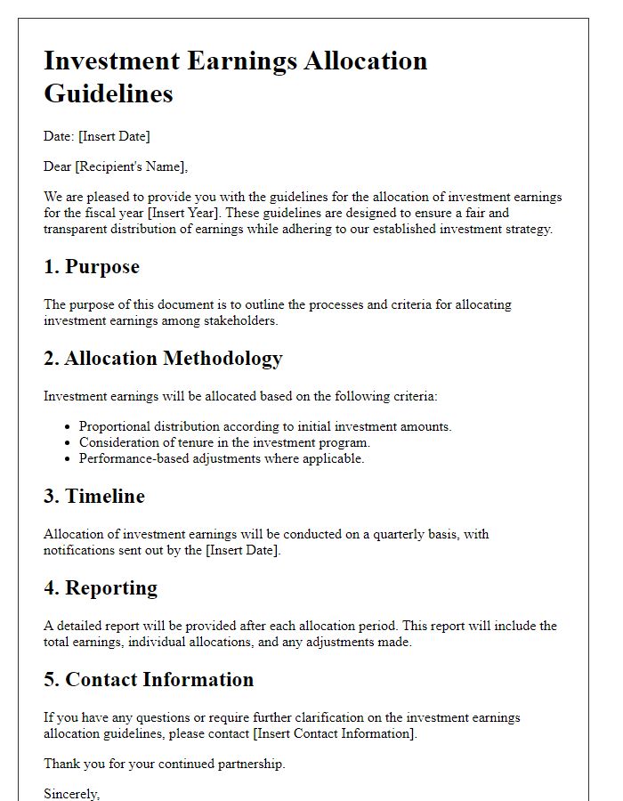 Letter template of investment earnings allocation guidelines