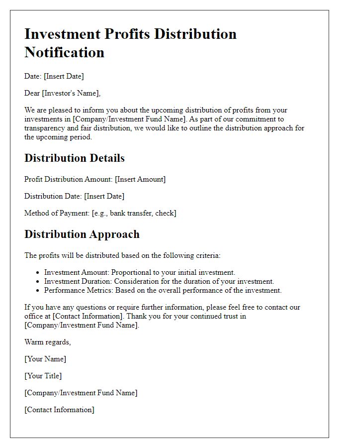 Letter template of investment profits distribution approach