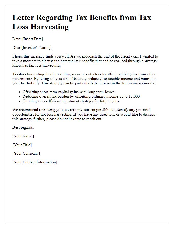 Letter template of investor tax benefits from tax-loss harvesting.