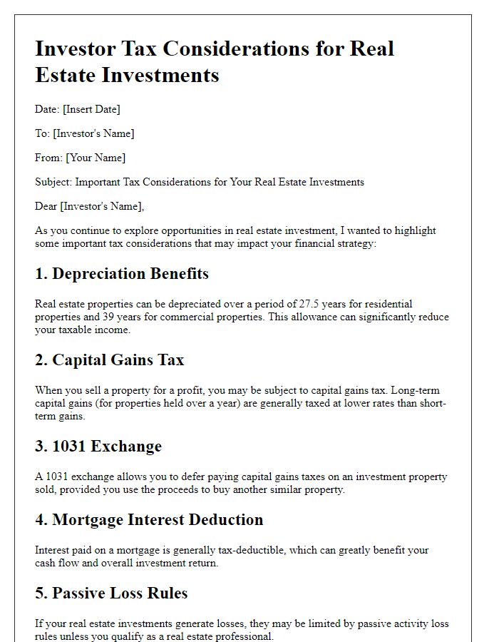 Letter template of investor tax considerations for real estate investments.