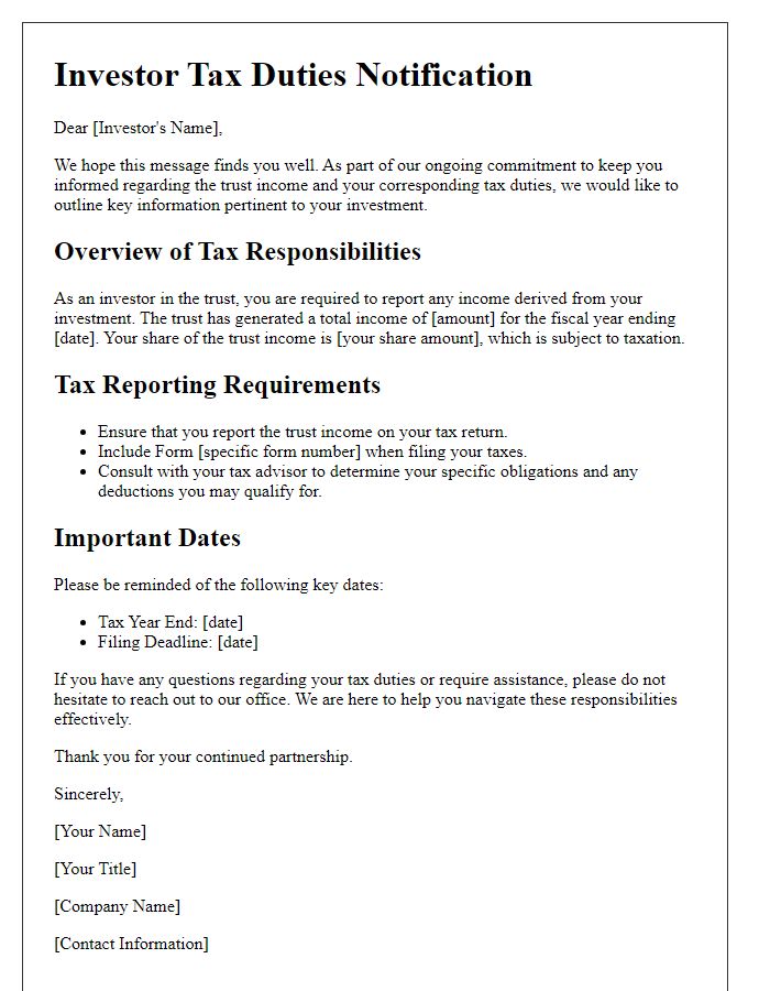 Letter template of investor tax duties on trust income.