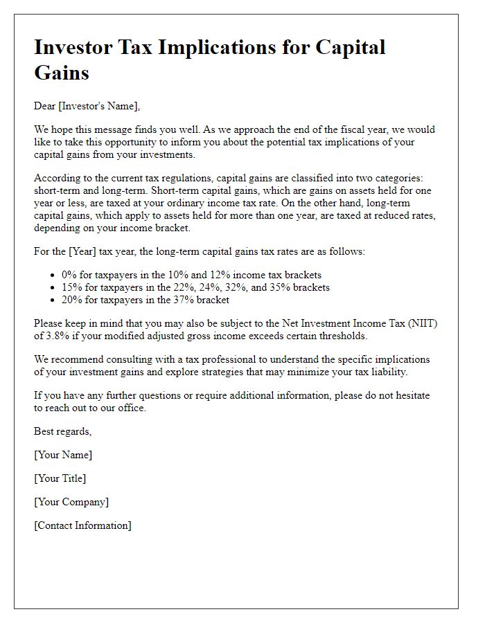 Letter template of investor tax implications for capital gains.