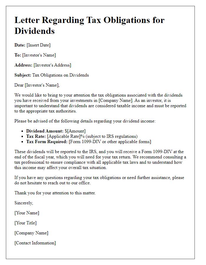 Letter template of investor tax obligations regarding dividends.