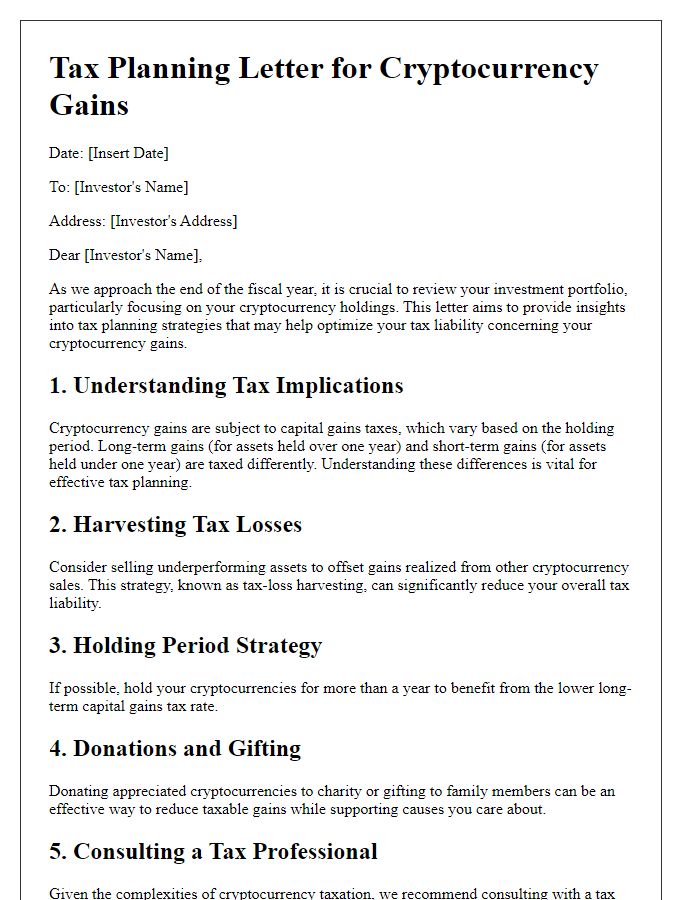 Letter template of investor tax planning for cryptocurrency gains.