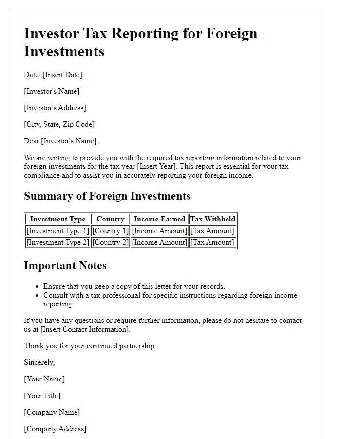 Letter template of investor tax reporting for foreign investments.