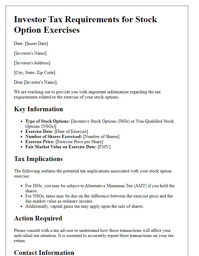 Letter template of investor tax requirements for stock option exercises.