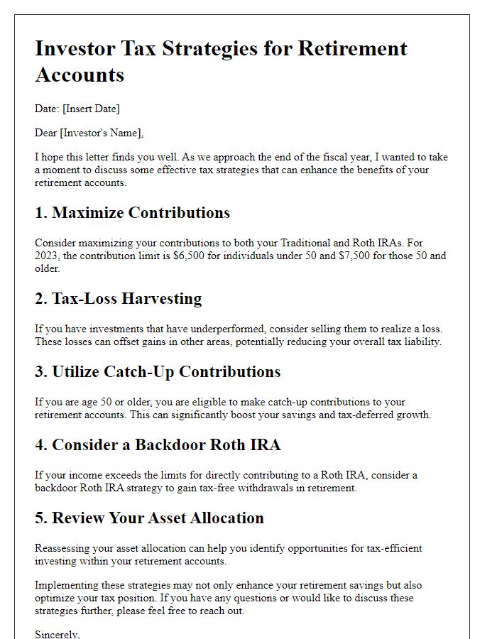 Letter template of investor tax strategies for retirement accounts.